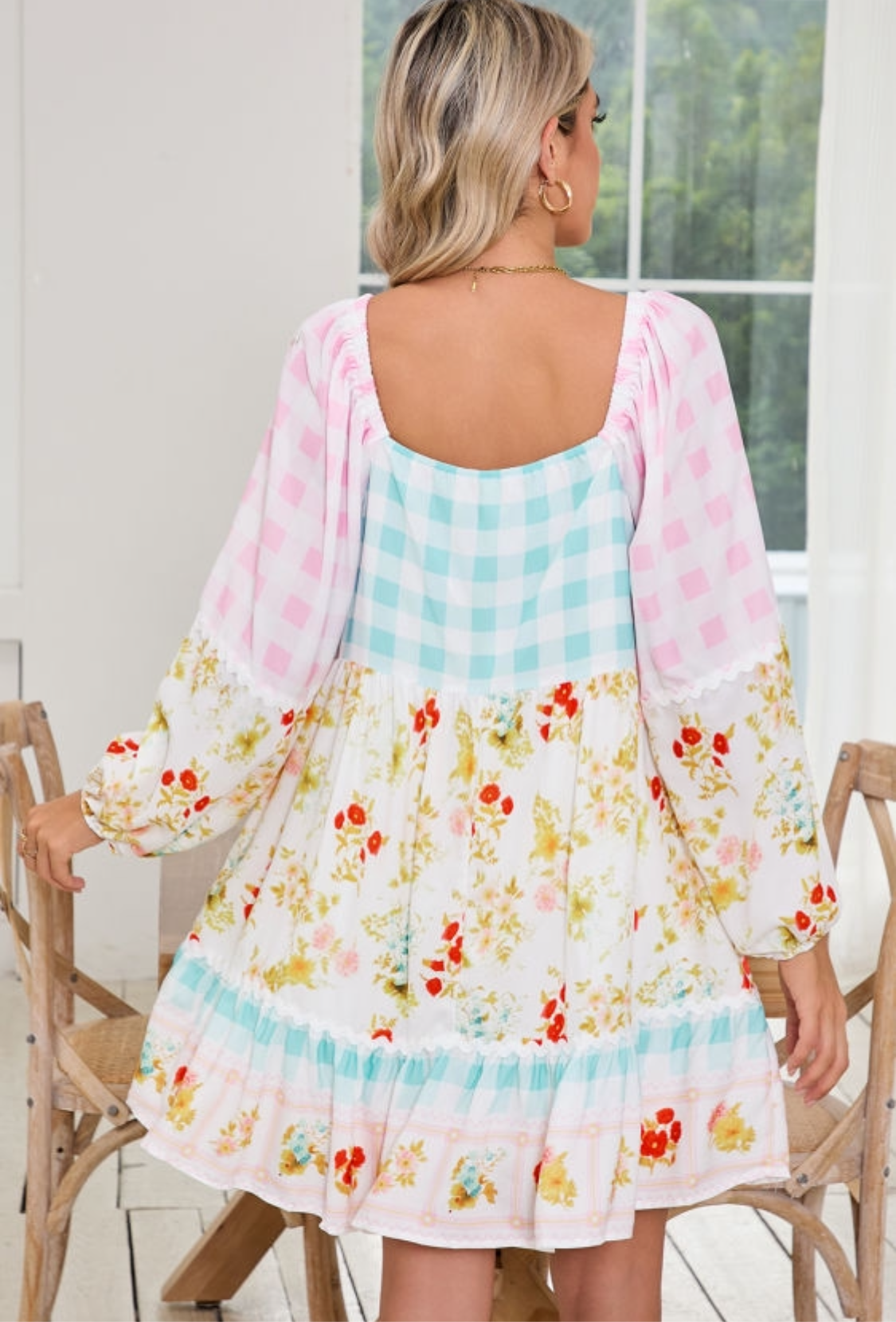 Pink Boho Floral and Plaid Patchwork Ricrac Lantern
Sleeve Dress