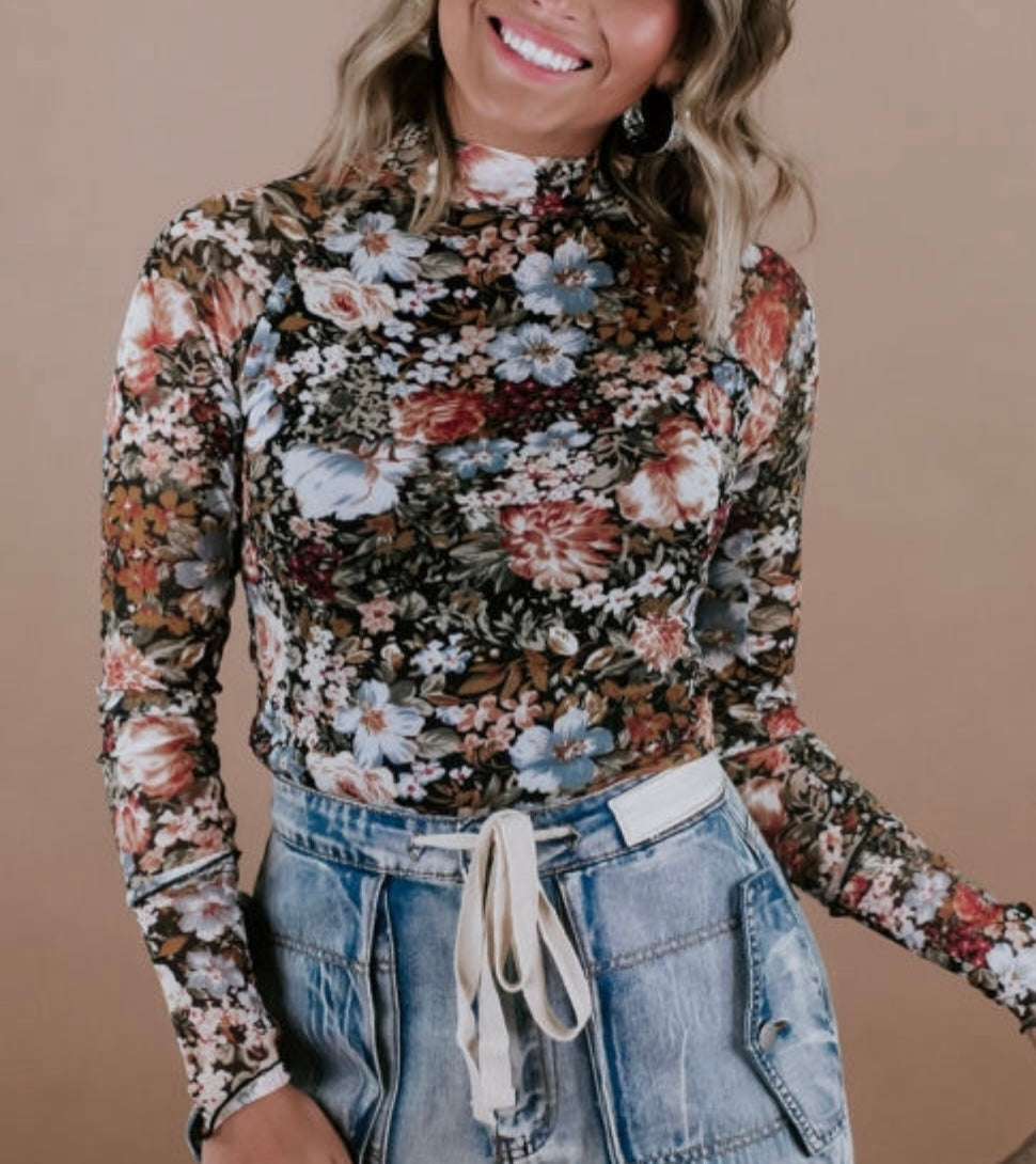Floral Semi-Sheer Mesh Long Sleeve Knit Top