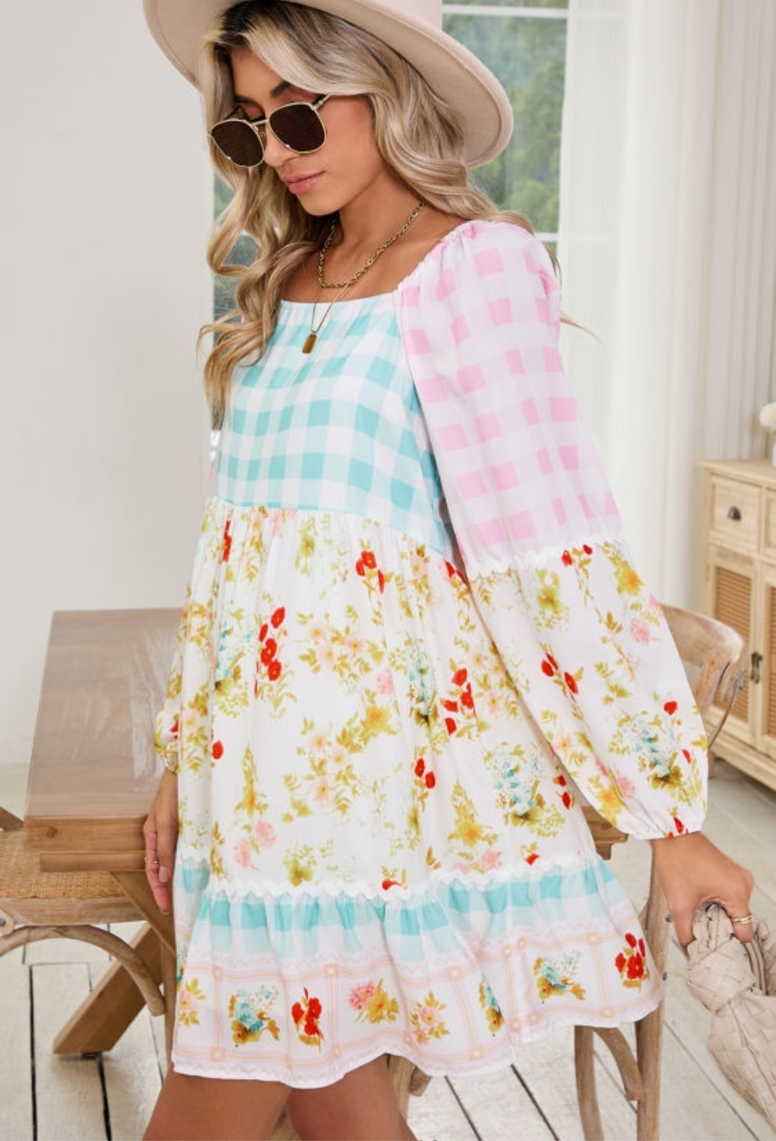 Pink Boho Floral and Plaid Patchwork Ricrac Lantern
Sleeve Dress