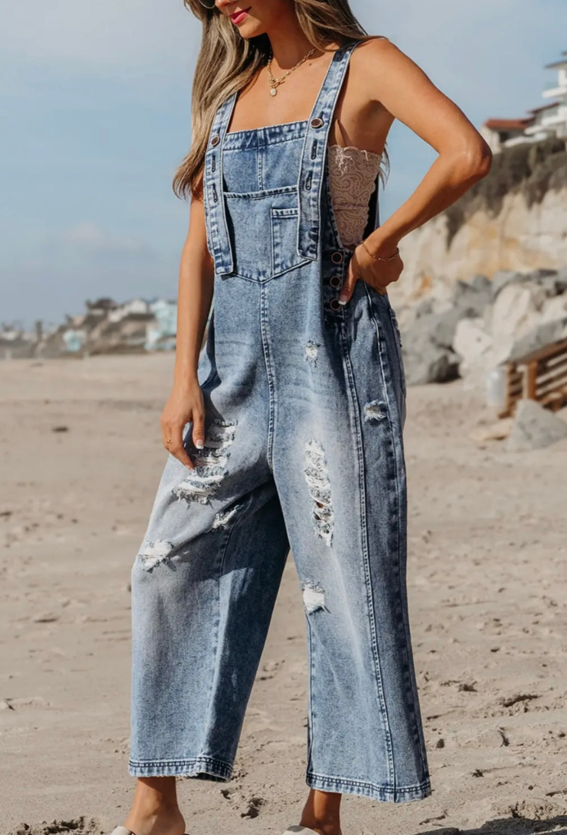 Distressed Pocketed Wide Leg Overalls