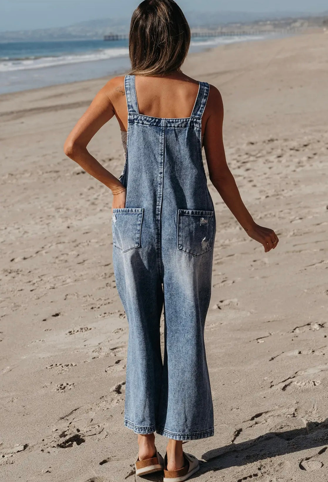 Distressed Pocketed Wide Leg Overalls