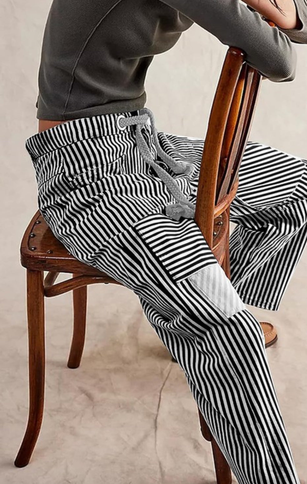 Wide-Leg Striped Drawstring Pants