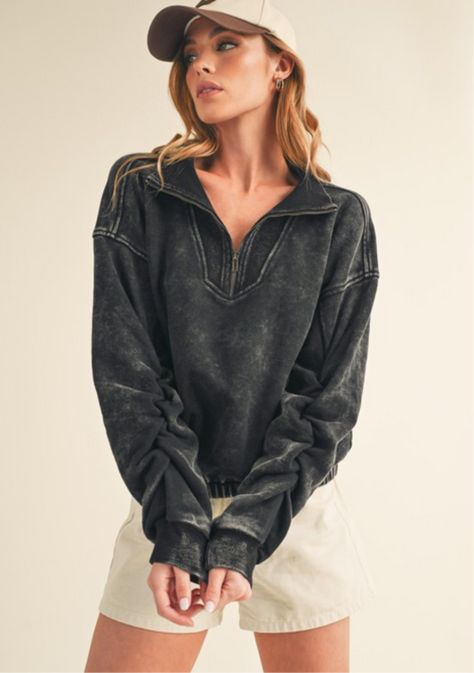 Black Lime Washed Half Zip Pullover Sweatshirt