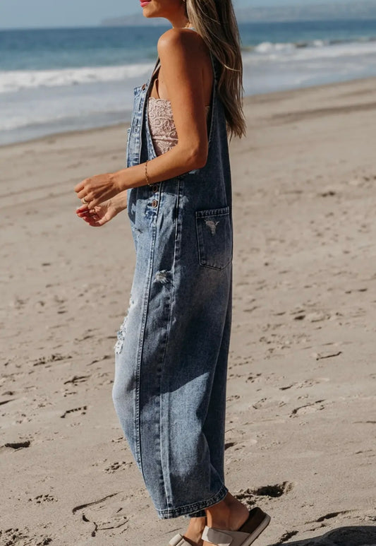 Distressed Pocketed Wide Leg Overalls