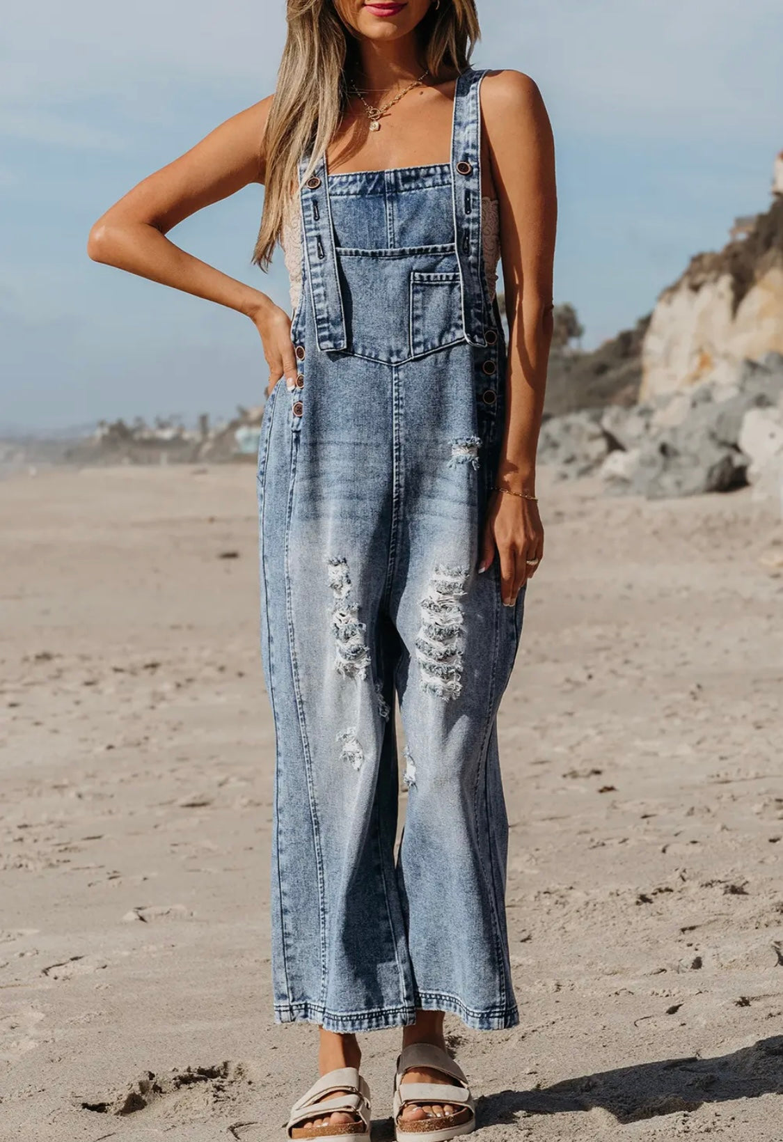 Distressed Pocketed Wide Leg Overalls